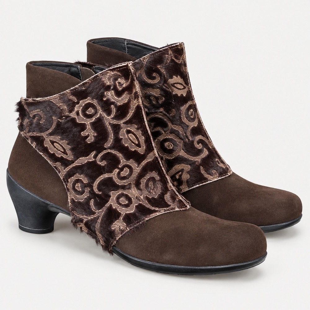Think! Brown Suede Floral Ankle Boots Cowhide Side Zip Comfort 36 EU Sz 5-5.5 US